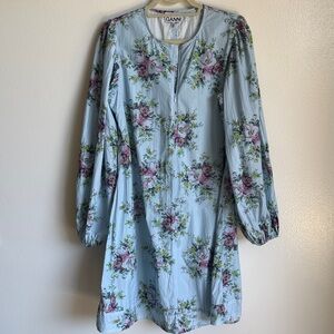 Ganni 100% Cotton Sky Blue Long Sleeve Dress, Pink Green Floral Print, EU 42